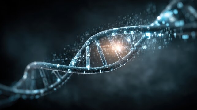 Stunning Visualization of DNA Structure with Glowing Elements and Binary Code Against a Dark Background for Science and Technology Themes