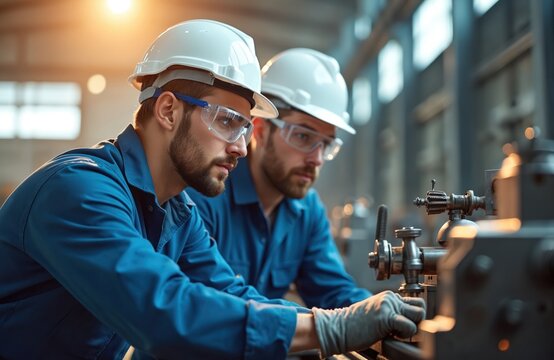 Two male workers wear safety gear while operating heavy machinery in a factory setting. One worker adjusts controls on a metal lathe. Both focus intently on their industrial task.