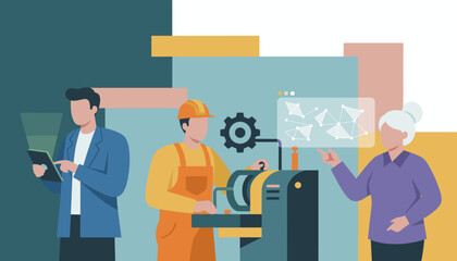 Diverse team manages manufacturing process with digital technology and data analysis