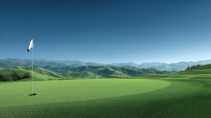 Serene Golf Course Landscape with Rolling Hills and Clear Blue Sky, Perfect for Outdoor and Sports Themes