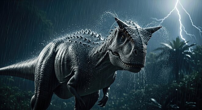 A carnotaurus walks through a prehistoric jungle during a heavy rainfall. Lightning illuminates the scene. The animal appears calm despite the torrential downpour
