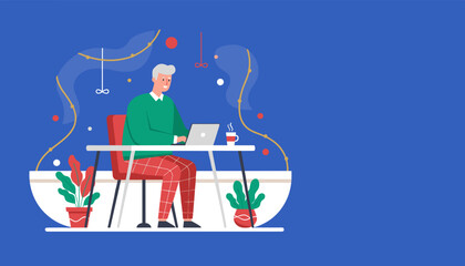 Senior man works on laptop from a modern home office setting illustrating remote business and productivity