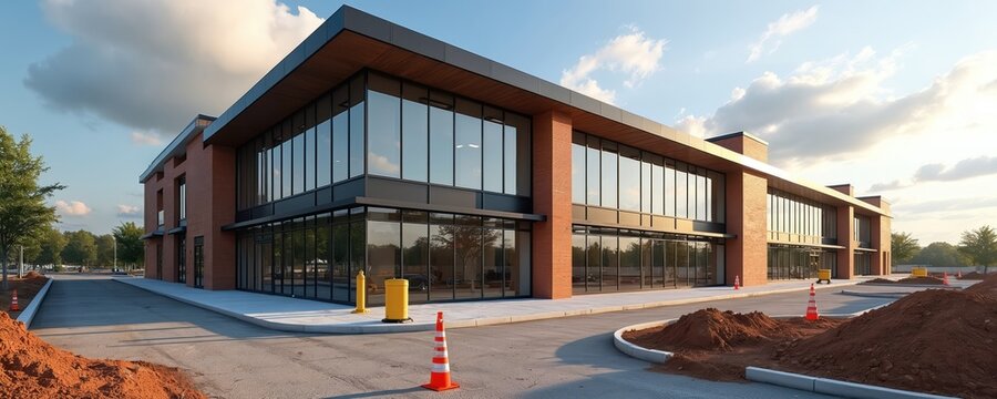 Modern commercial building under construction. Facade features brickwork with glass window panels. Development site includes construction cones, safety barriers, excavated piles of soil near parking. - Powered by Adobe