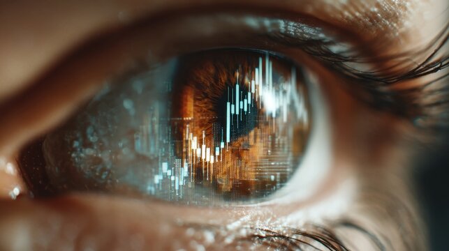 Close-Up of Human Eye with Financial Data Reflection and Stock Market Graphs Illustrating the Intersection of Finance and Human Perception