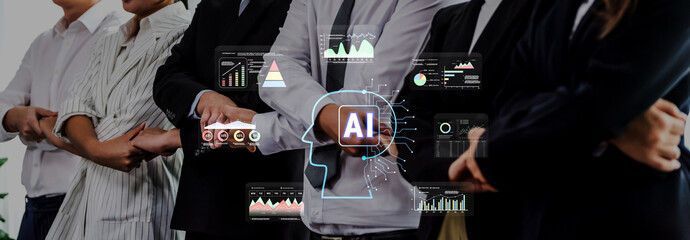 A diverse business team engages in brainstorming sessions, utilizing artificial intelligence concepts to drive innovation and enhance data analysis for strategic planning. Trope