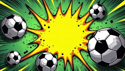 Obraz premium Sporty background graphic with soccer balls on green. Yellow burst, dynamic stripes add energy. Good for youth sport events promotion. Fun cartoon art design with motion blur, comic style effects
