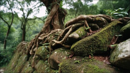 Obraz premium Lush Green Jungle Scene with Intricate Tree Roots and Mossy Stone Wall in Natural Forest Setting Capturing Vegetation Texture and Detail