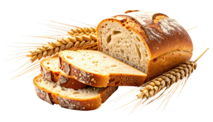 Golden wheat stalks frame slices of rustic bread with a cracked crust against a transparent background