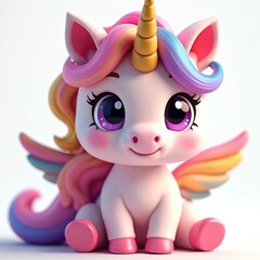 Naklejka premium Charming cartoon unicorn illustration. Pink pony with colorful mane and wings sits. Cute fantasy creature with big eyes and a smile. Perfect for kids designs.