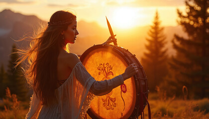 Woman plays large shamanic drum in field at sunset. Golden light illuminates her, long hair flows. Mountains and trees in background, mystic atmosphere.