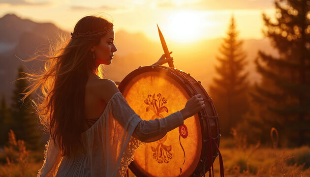 Woman plays large shamanic drum in field at sunset. Golden light illuminates her, long hair flows. Mountains and trees in background, mystic atmosphere.
