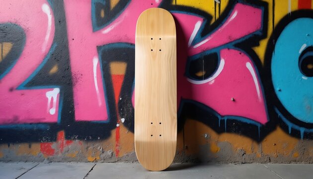 Blank skateboard deck stands against vibrant graffiti wall. Plain surface ready for custom design. Creative template suits skate culture marketing. Ideal for visual promo materials, graphic design