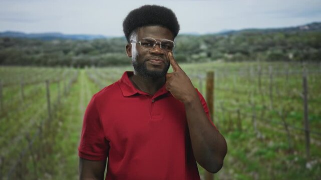 Man with glasses and beard, finger to cheek near eye in forest vineyard rows wearing red polo; pensive reflection.