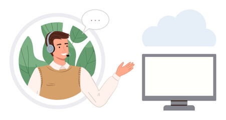 Smiling support agent with headset gesturing during a call near screen and cloud graphic. Ideal for remote work, digital communication, customer service, technology, virtual meetings, teamwork