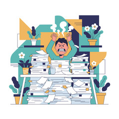 Burnout Frustrated office worker buried under massive stacks of paper documents