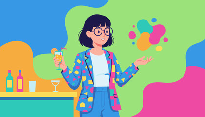 Happy woman enjoying a party atmosphere with a colorful cocktail and abstract background