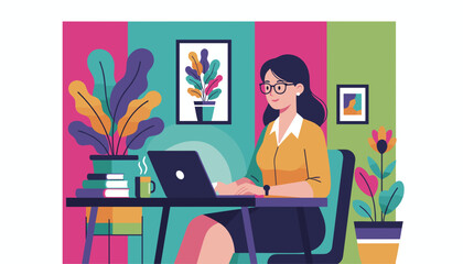 Smiling businesswoman working on a laptop at a colorful desk in a bright home office