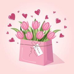 Romantic pink tulips bouquet with hearts in gift bag. Cute Valentine&rsquo;s Day vector illustration perfect for greeting cards, banners, love design, and romantic decorations.
