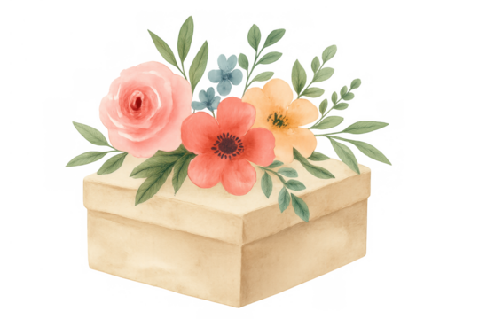 Gift box with a watercolor floral arrangement on top, featuring roses and various flowers, on a transparent background