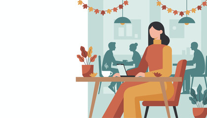 Remote worker using laptop in an autumnal coffee shop Flat vector illustration