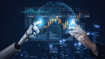 A stylized image showcasing the interaction between a robotic arm and a human hand, set against digital financial data visualization and graphs representing market trends. Scalp