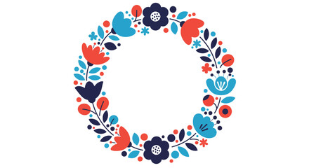 A colorful floral wreath design with blue red and navy elements