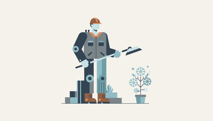 Geometric illustration of maintenance worker holding a tool next to a snowflake plant