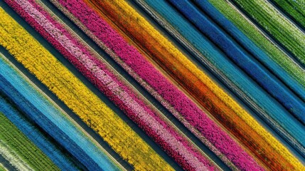Vibrant aerial view of blooming tulip fields with striking colors in horizontal stripes showcasing nature's beauty and floral diversity in spring season