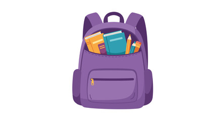 A purple backpack filled with colorful books pencils and school supplies