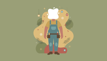Festive illustration of a service worker in uniform and tool belt surrounded by winter holiday decorations