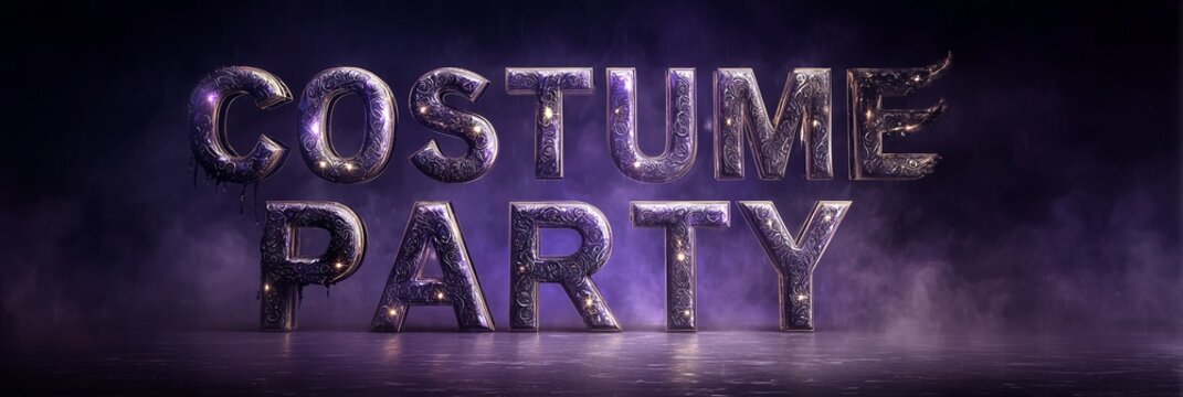 Metallic Costume Party Poster with Glowing Mask Letters and Purple Smoky Background