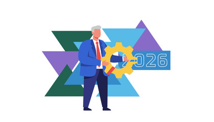 Businessman holds gear for 2026 planning strategy and corporate mechanism illustration