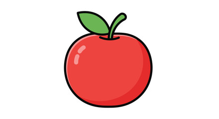 A simple cartoon illustration of a bright red apple with green leaves