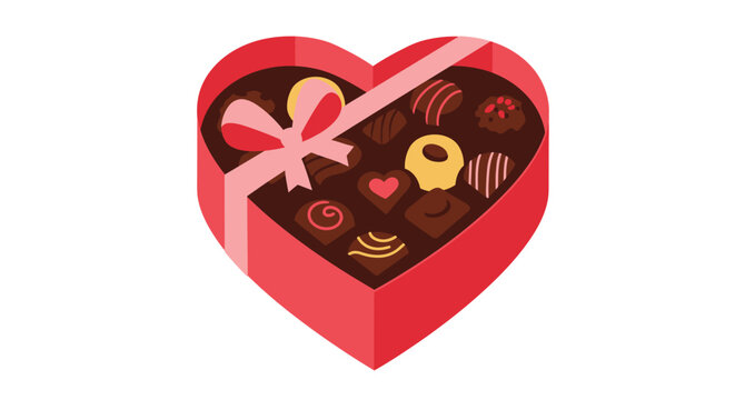 A heart shaped box filled with various chocolate candies and a bow