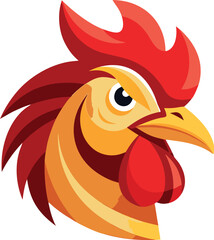A vibrant rooster head, showcasing its bright red comb and golden yellow feathers
