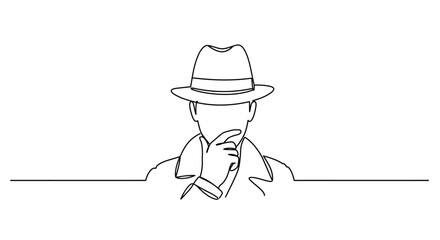 Continuous line drawing of a man in a fedora thinking deeply