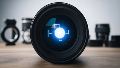 Modern photography lens with cyber blue reflections and futuristic targeting overlay in soft blur background      

