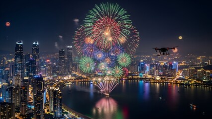 Aerial view of a city illuminated by fireworks over water at night