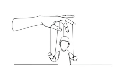 A hand controlling a marionette figure with delicate string lines
