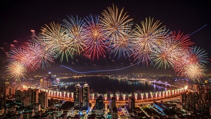 Aerial view of a city celebrating with colorful fireworks at night, over a lake