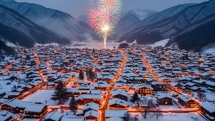Aerial view of a snow-covered town at dusk, with fireworks exploding above, mountains in backdrop