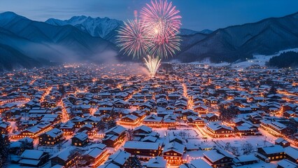 Aerial view of a snowy town, celebrating with vibrant fireworks over mountain range