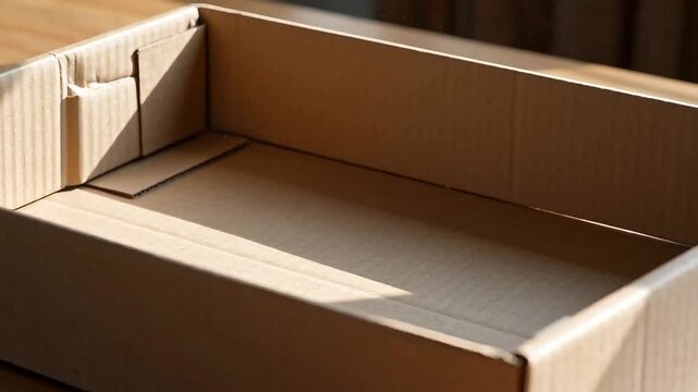 Open empty brown corrugated cardboard delivery box on a wooden table surface under bright sunlight, highlighting texture and edges of the packaging