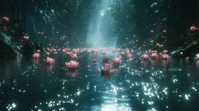 Pink lotus flowers floating on a tranquil body of water in a forest setting