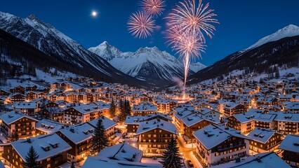 Snowy village beneath mountain range at night with fireworks in the starry sky