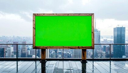 Green Screen Billboard on Urban Rooftop with City Skyline View
