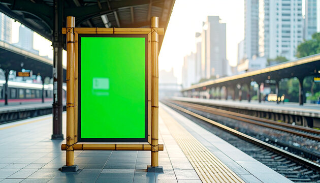 Blank green screen billboard with natural bamboo frame on a modern city train station platform, ready for ad mockup. - Powered by Adobe