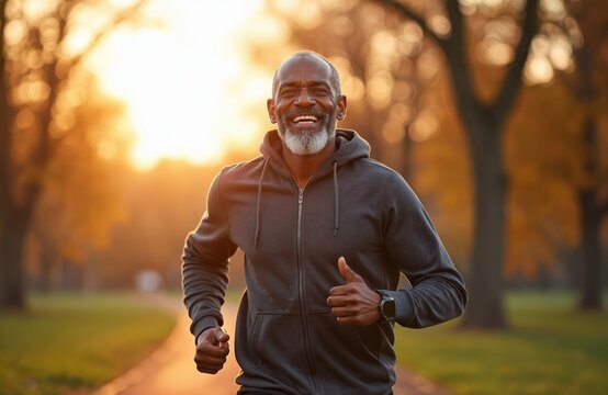 Happy senior black man runs in park path during golden hour. He wears dark hoodie, smartwatch. Man smiles, gives thumbs up, enjoying his healthy active life outdoors with bright autumn trees in fall.