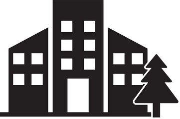 City office building with a pine tree silhouette