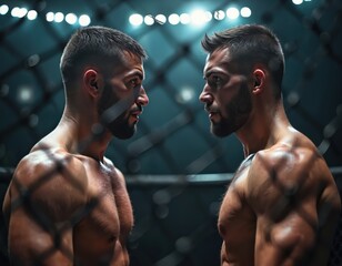 Two muscular men face each other in fighting ring. Athletes look serious ready to compete. Combatants at match in cage. Confrontation concept. Sport, competition theme.